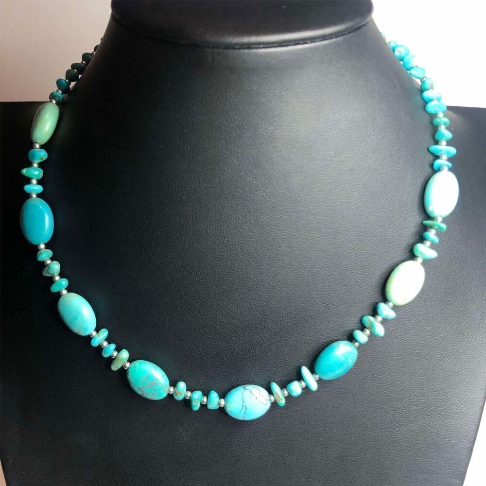 1074 Lauren Ralph Lauren silver tone faux turquoise graduated bead necklace 18"